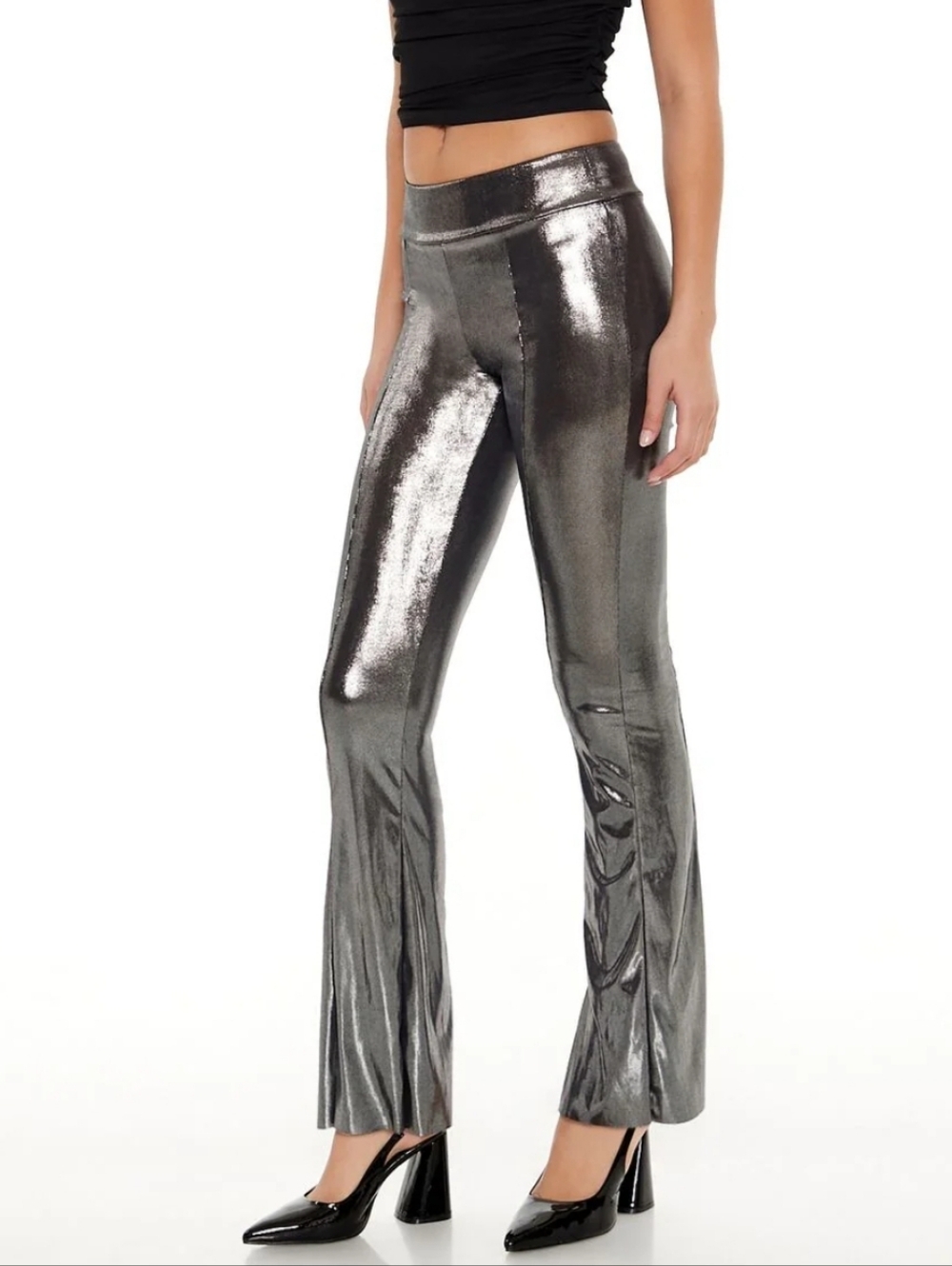 Nwt Forever 21 Silver Metallic High-Waist Flare Pants Leggings Festivalcore Slit